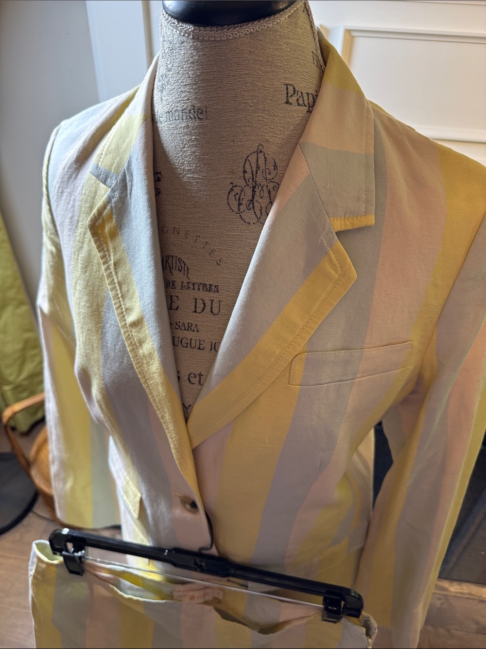 Tory Burch Yellow, White and Pale Blue Striped Pants and Blazer